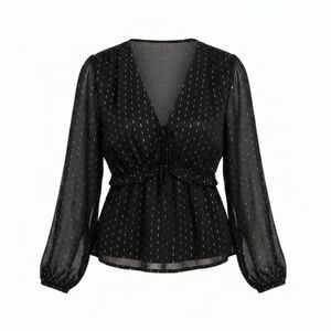 Old Navy Women's Plus Size 4X Black Waist-Defined Ruffle-Trim Gold Clip-Dot Top